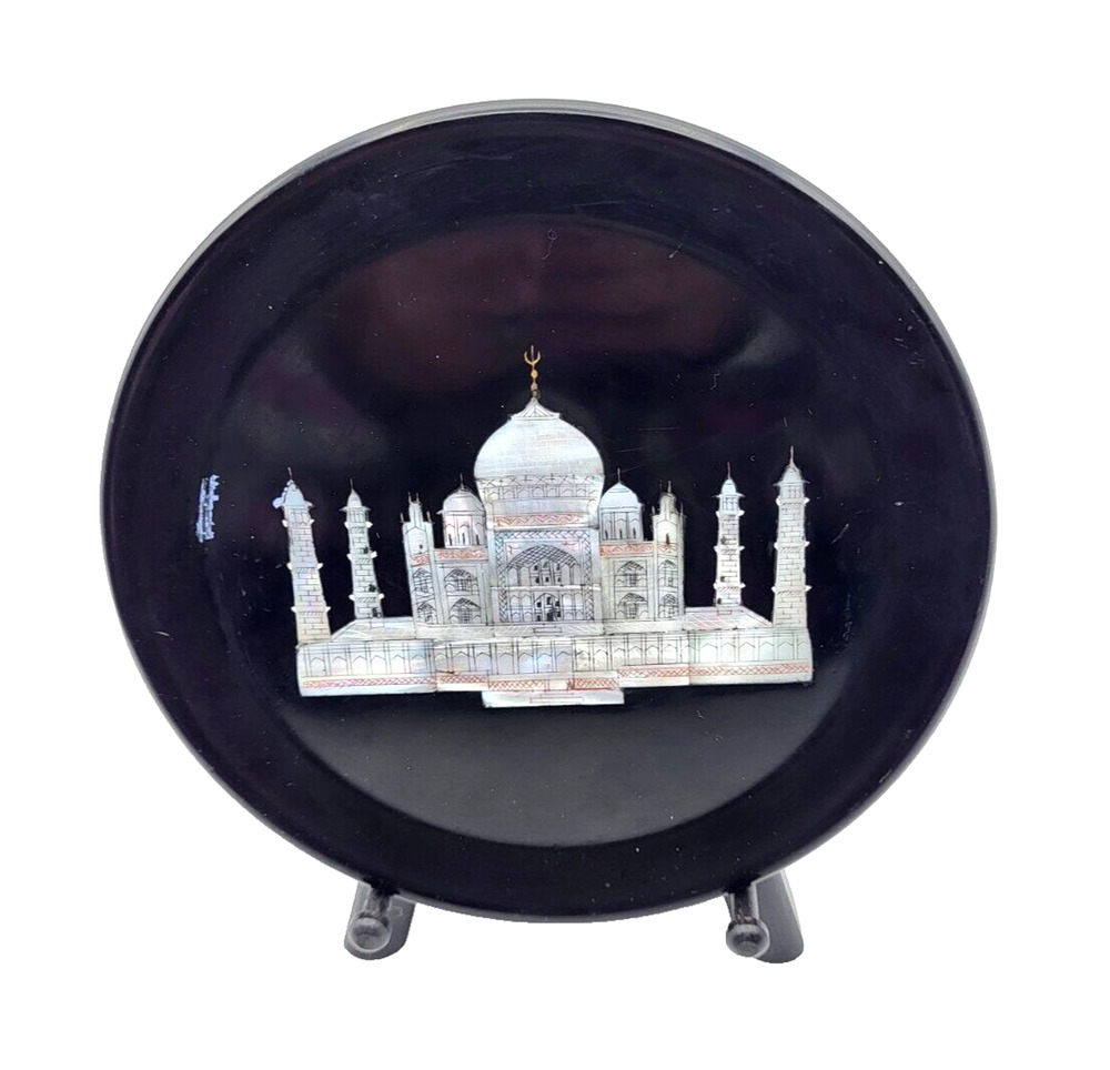 TAJ MAHAL Mother of Pearl Inlay on Black Marble Disk with Black Wood Stand 7"